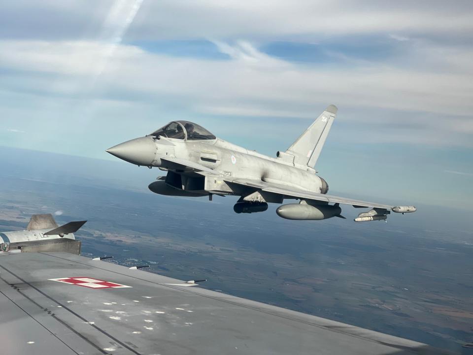 Operation Carson: A U.K. Royal Air Force Typhoon fighter trails a Polish F-16 during air combat training in the Baltic region. Based in Poznan, Poland, the two-week detachment involved joint training with Polish, U.S., Spanish, and Italian Air Forces undertaking various air combat exercises across Poland and Lithuania. <em>Crown Copyright</em>