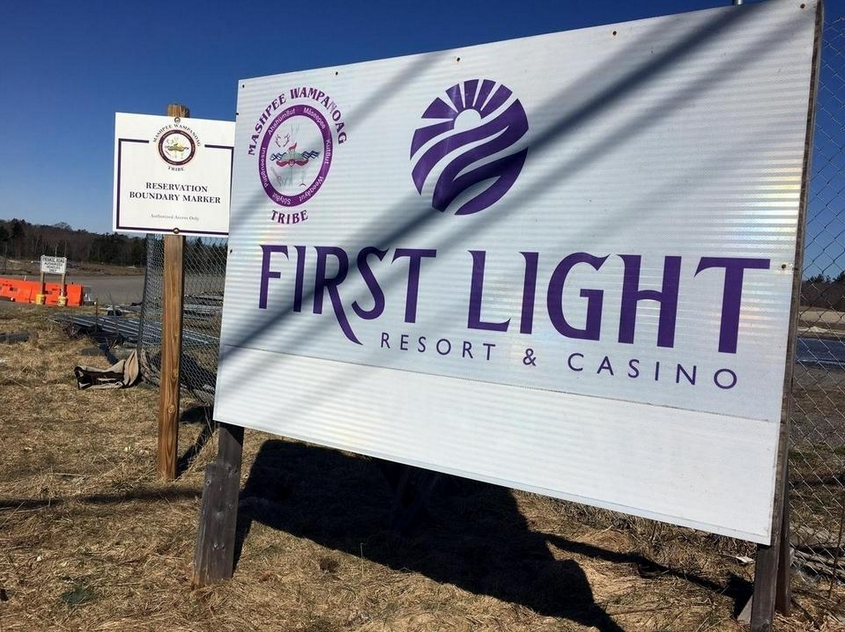 This 2018 file photo shows a sign at the proposed site in East Taunton for the Mashpee Wampanoag Tribe's proposed First Light Resort & Casino.