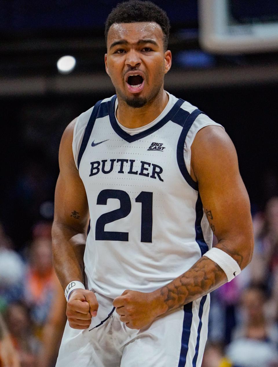 Butler Bulldogs guard Pierre Brooks (21) reacts to scoring during a game between the Butler Bulldogs and the California Golden Bears at Hinkle Fieldhouse on Saturday, Dec. 9, 2023 in Indianapolis.