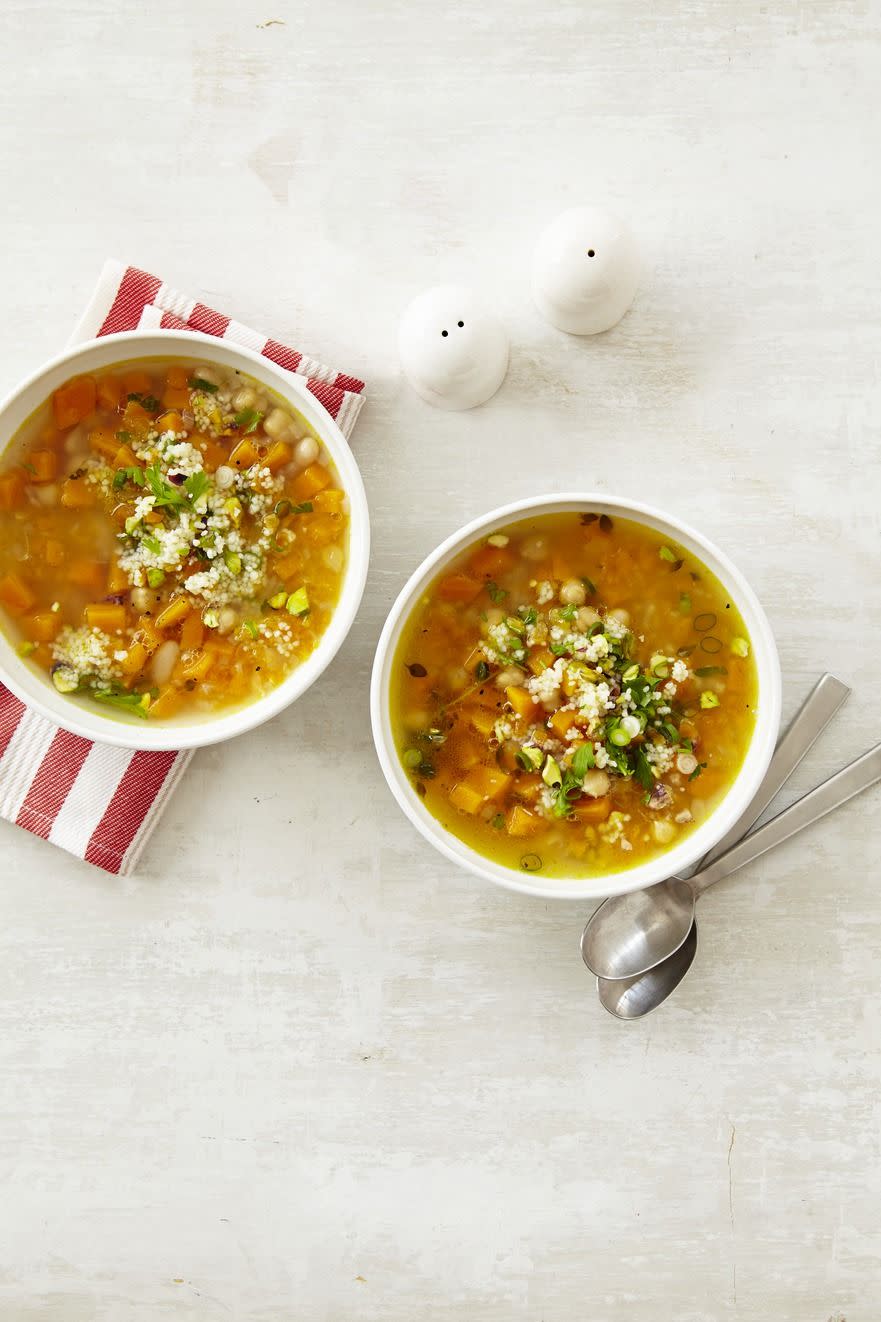 <p>A hearty soup like this is anything but boring. This colorful soup is full of tasty veggies and packed with protein, too. </p><p><em><a href="https://www.womansday.com/food-recipes/food-drinks/recipes/a12874/butternut-squash-white-bean-soup-recipe-wdy1014/" rel="nofollow noopener" target="_blank" data-ylk="slk:Get the Butternut Squash and White Bean Soup recipe.;elm:context_link;itc:0;sec:content-canvas" class="link ">Get the Butternut Squash and White Bean Soup recipe. </a></em></p>