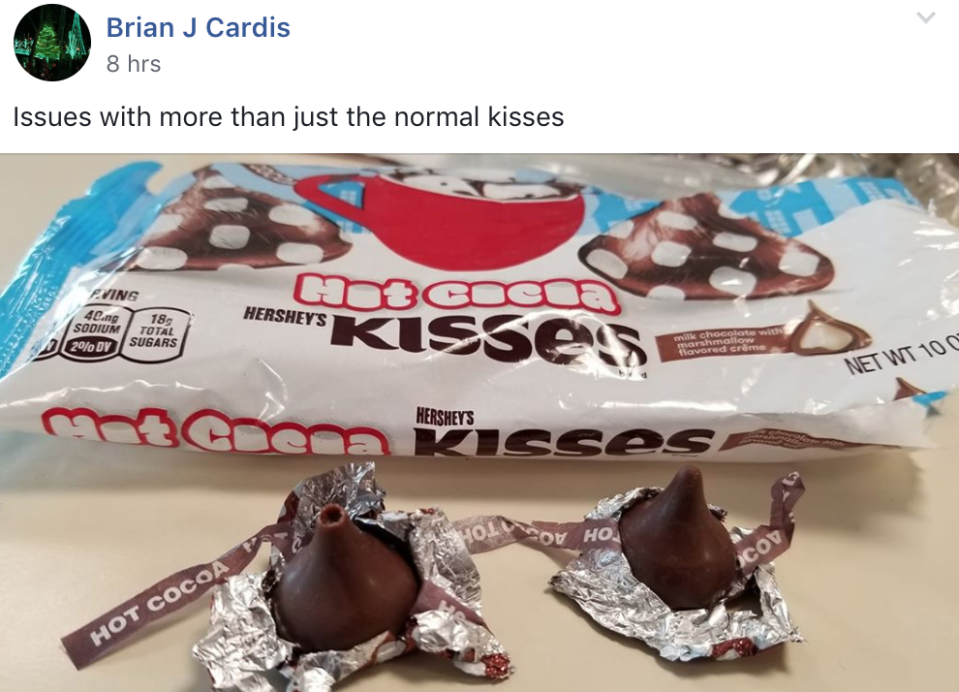 Broken Hershey’s Kisses seem to be the norm this holiday season. (Photo: Facebook)