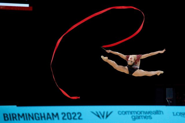 Marfa Ekimova competes in the ribbon section of the rhythmic gymnastics all-around final