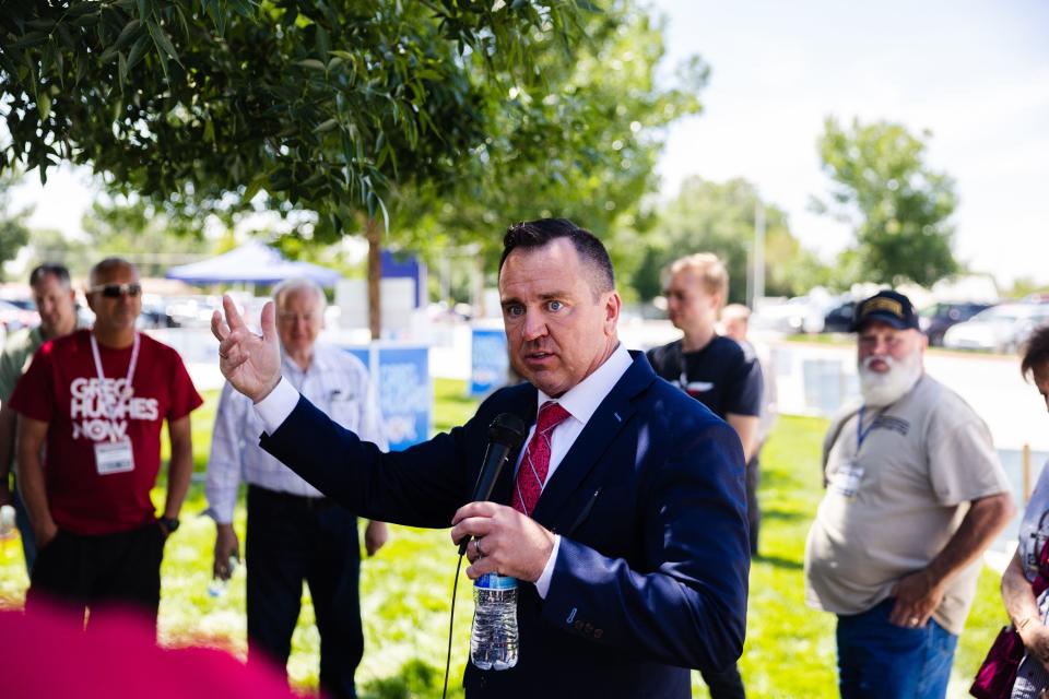 Utah Congressional 2nd District candidate Greg Hughes speaks with delegates during the Utah Republican Party’s special election at Delta High School in Delta on June 24, 2023. | Ryan Sun, Deseret News