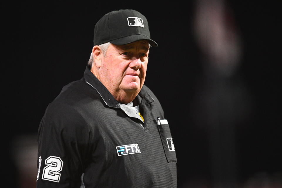 SAN FRANCISCO, CA - OCTOBER 01: Umpire Joe West looks on during a MLB game between the San Diego Padres and the San Francisco Giants on October 1, 2021 at Oracle Park in San Francisco, CA. (Photo by Brian Rothmuller/Icon Sportswire via Getty Images)