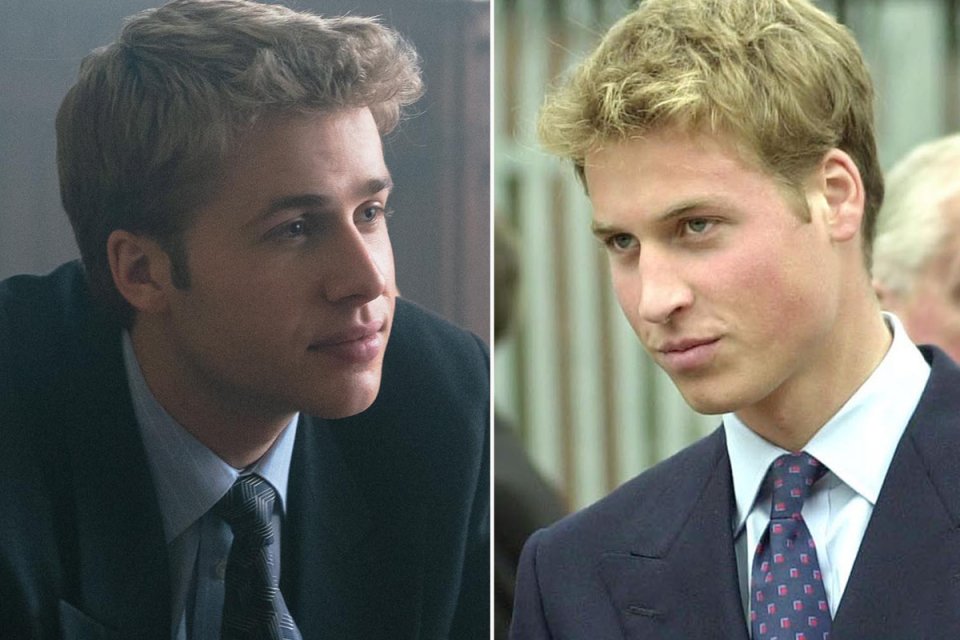 Prince William in The Crown (left) and William pictured in 2001 (Netflix/PA)