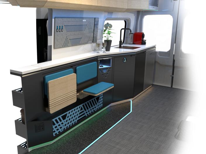 A rendering of Winnebago Industries' e-RV interior with a kitchen unit.