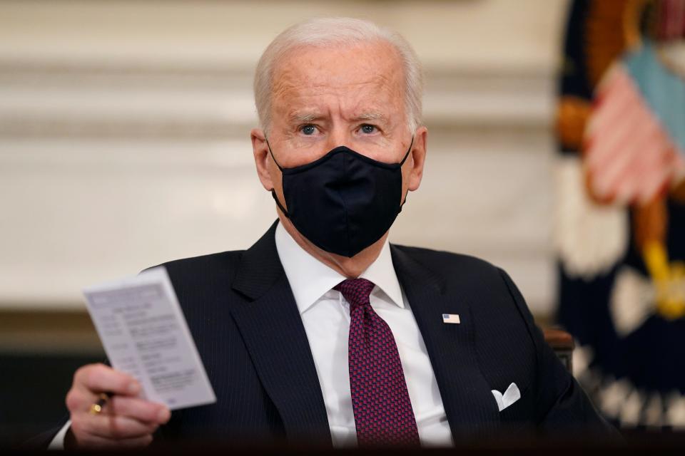 President Joe Biden participates in a roundtable discussion on a coronavirus relief package at the White House on March 5, 2021.