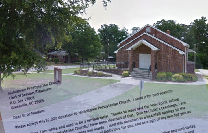 Photos: Nicholtown Presbyterian Church via Google Earth; letter via WSPA CBS 7 News