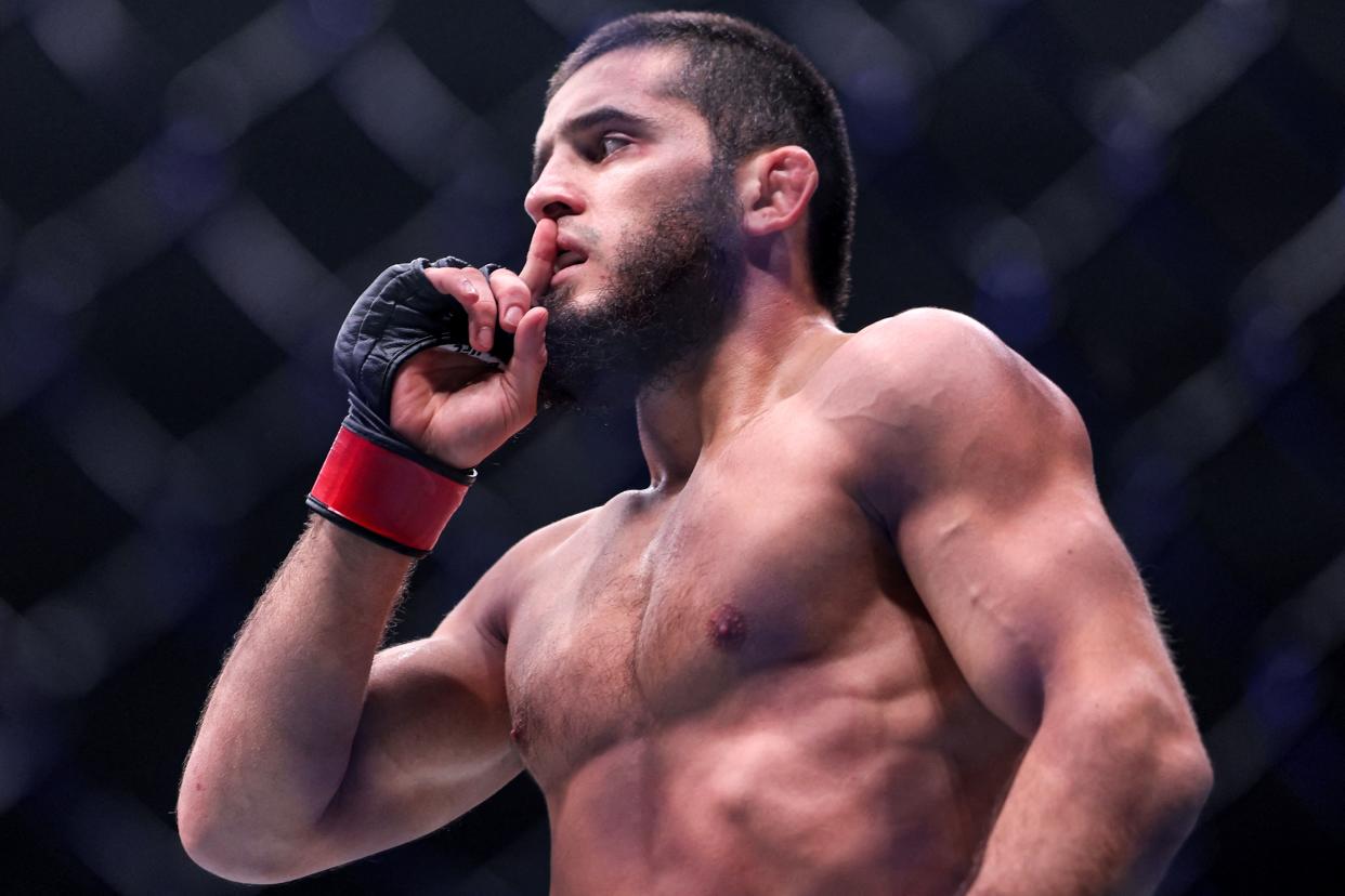 Russia's Islam Makhachev reacts after his Lightweight bout against Australia's Alexander Volkanovski during the Ultimate Fighting Championship 294 (UFC) event at the Etihad Arena in Abu Dhabi on October 22, 2023. (Photo by Giuseppe CACACE / AFP) (Photo by GIUSEPPE CACACE/AFP via Getty Images)