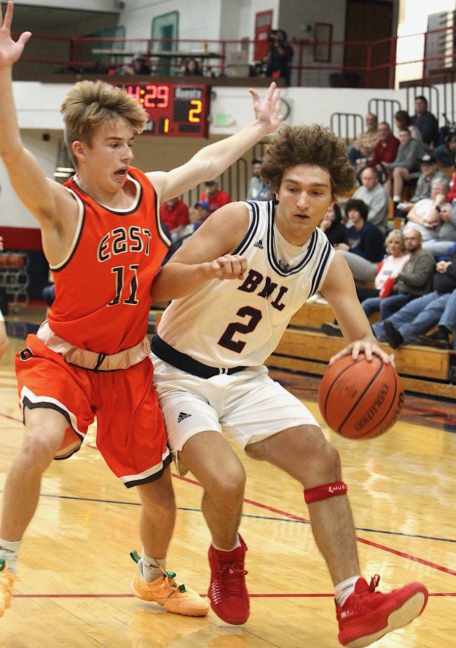 BNL junior guard Colten Leach (2) makes a move in BNL's win over Columbus East.