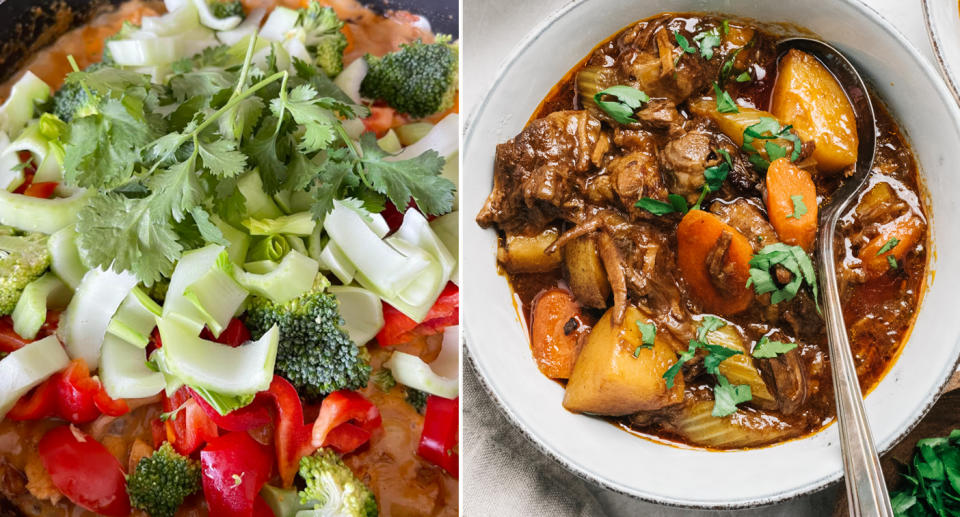 Raw vegetables including celery broccoli and capsicum (left) and a beef stew (right).