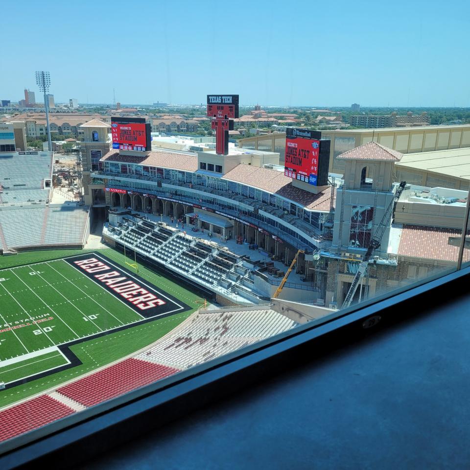 The new Jones AT&T Stadium south end zone building is shown on Tuesday, July 30, 2024. A Texas Tech athletics spokesman said listed stadium capacity for this season will be 60,229, down slightly from last year due to renovations.