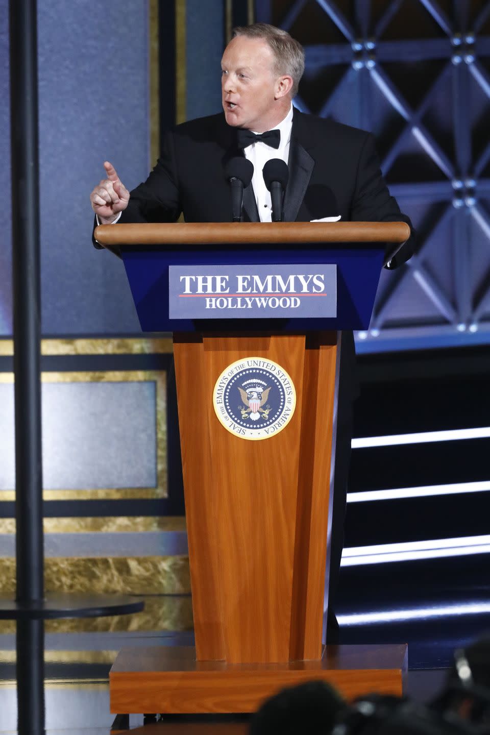 <p>It was an odd choice of a bit for the Emmys to have Sean Spicer appear on stage, and it was one that left everyone feeling uncomfortable. Spicer basically made a joke out of the job he had working for President Donald Trump, making up facts about the ceremony and saying it was the largest audience in history. </p>