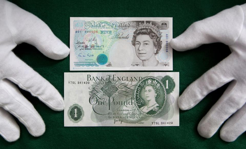 The portrait of Her Majesty The Queen Elizabeth II on the current five pound note (top) is positioned next to an original one pound note issued on March 17, 1960, which was the first banknote to carry a portrait of the Queen, in the Bank of England Museum on March 16, 2010 in London, England. The Bank of England Museum is opening a new exhibition tracing the development of the portrait of the Queen on Bank of England notes. The display features five different portraits of the Queen since 1960 alongside their preliminary sketches and printing plates.