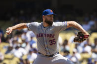 New York Mets pitcher Adrian Houser (35) delivers during the first inning of a baseball game against the Los Angeles Dodgers in Los Angeles, Sunday, April 21, 2024. (AP Photo/Kyusung Gong)