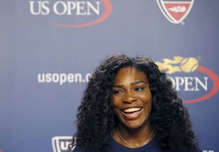 Serena Williams of the U.S. speaks during a news conference at the USTA Billie Jean King National Tennis Center ahead of the 2015 U.S. Open tennis tournament in New York, August 27, 2015. Play begins at the U.S. Open on August 31. REUTERS/Mike Segar