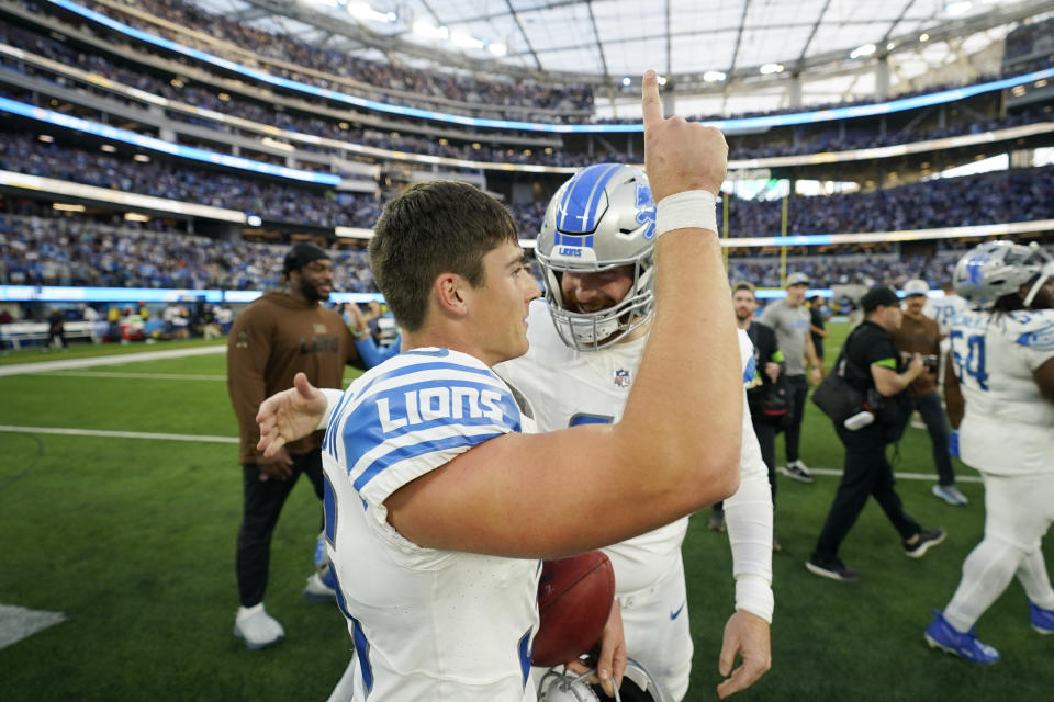 Detroit Lions place kicker Riley Patterson (36) celebrates after making the game-winning field goal during an NFL football game against the Los Angeles Chargers Sunday, Nov. 12, 2023, in Inglewood, Calif. (AP Photo/Ashley Landis)