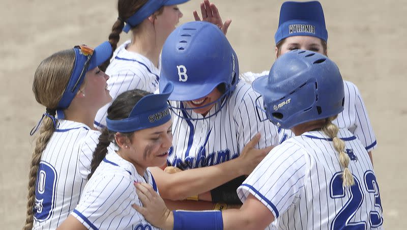 Bingham celebrates a run in the 6A semifinal game against Riverton at the Cottonwood Complex in Murray on Wednesday, May 24, 2023.