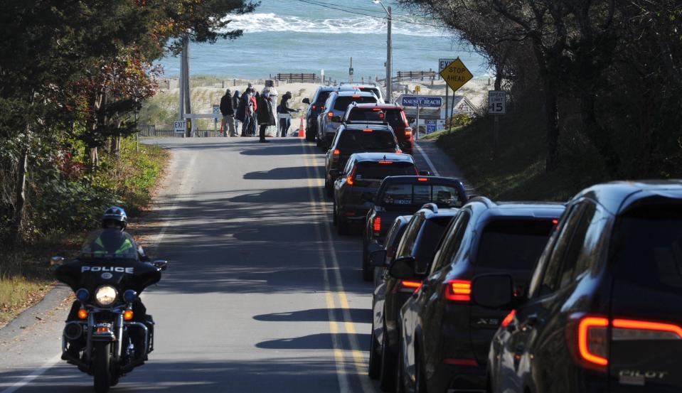 For a fall Town Meeting in 2020 in Orleans, traffic fills up Beach Road heading to Nauset Beach where the meeting was held.