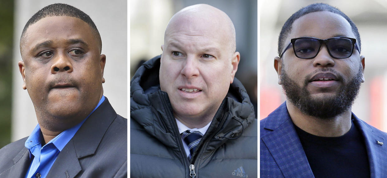 FILE — This file combo of images shows, from left, amateur basketball league director Merl Code, former Adidas executive James Gatto, and business manager Christian Dawkins. A federal appeals court in New York, Friday, Jan. 15, 2020, upheld convictions Code, Gatto and Dawkins in a college basketball scandal that spoiled the careers of several coaches. (AP Photo/File)