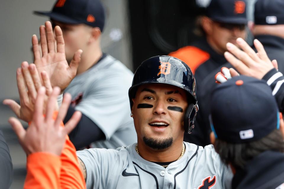 Detroit Tigers shortstop Javier Baez celebrates after scoring during the third inning of the Opening Day game against the Chicago White Sox at Guaranteed Rate Field, Thursday, March 28, 2024 in Chicago.