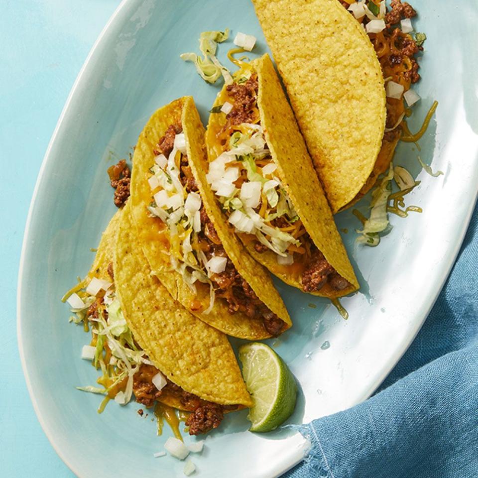 <p>Make it a fun-filled taco night with delicious, smoky tacos that can be topped with diced pineapples, pickled jalapeños, and shredded cabbage. </p><p><em><a href="https://www.womansday.com/food-recipes/food-drinks/a27285464/smoky-beef-tacos-recipes/" rel="nofollow noopener" target="_blank" data-ylk="slk:Get the Smoky Beef Tacos recipe.;elm:context_link;itc:0;sec:content-canvas" class="link ">Get the Smoky Beef Tacos recipe.</a></em></p>