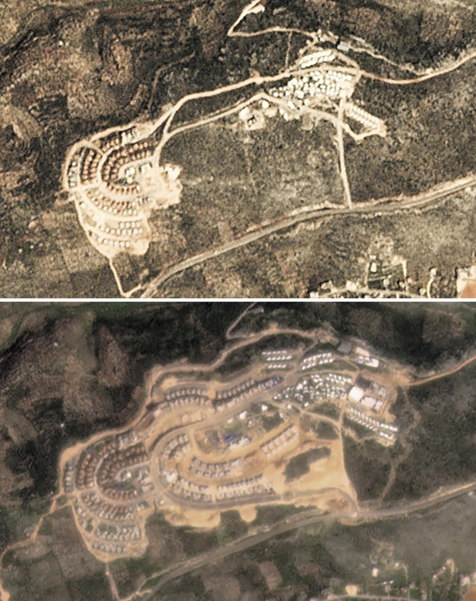This combination of satellite images provided by Planet Labs Inc. shows the growth of the West Bank Jewish settlement of Bruchin on March 6, 2017, top, and March 6, 2021. The satellite images and data obtained by the AP document for the first time the full impact of the pro-settlement policies of then-President Donald Trump. (Planet Labs Inc. via AP)