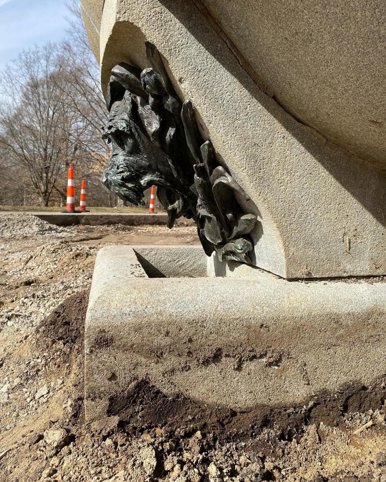 Close up of restoration efforts on Hogan's Fountain in Cherokee Park.