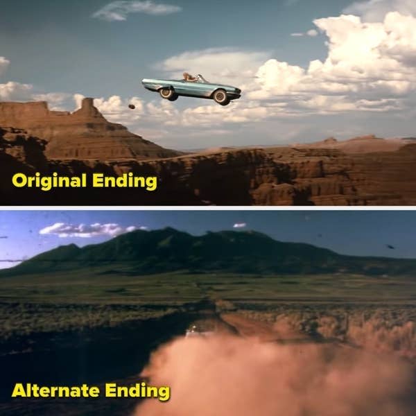 original ending is a car flying off a cliff and alternate ending is the car driving off on a dirt road