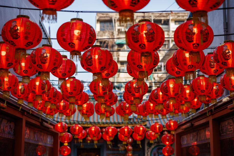 A view of Chinese lanterns at a temple on Lunar New Year's Eve on February 09, 2024 in Bangkok, Thailand.