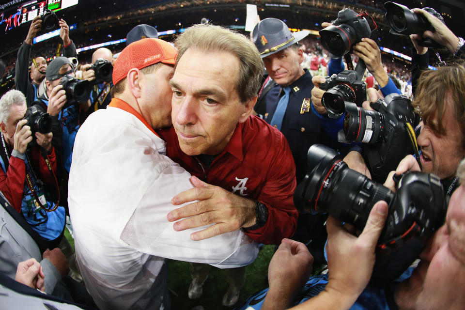 Alabama head coach Nick Saban and Clemson head coach Dabo Swinney greet after the Sugar Bowl on Jan. 1, 2018 in New Orleans, Louisiana. (Sean Gardner/Getty Images)