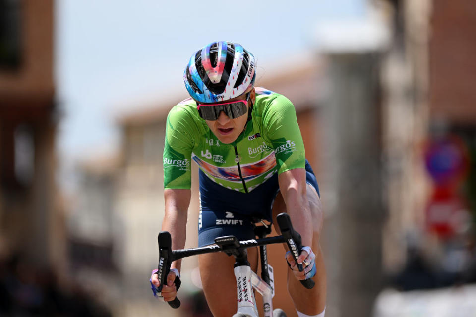 LERMA SPAIN  MAY 19 Chloe Dygert of The United States and CanyonSRAM Racing Team  Green Points Jersey crosses the finish line on third place during the 8th Vuelta a Burgos Feminas 2023 Stage 2 a 1189km stage from Sotresgudo to Lerma  UCIWWT  on May 19 2023 in Lerma Spain Photo by Dario BelingheriGetty Images