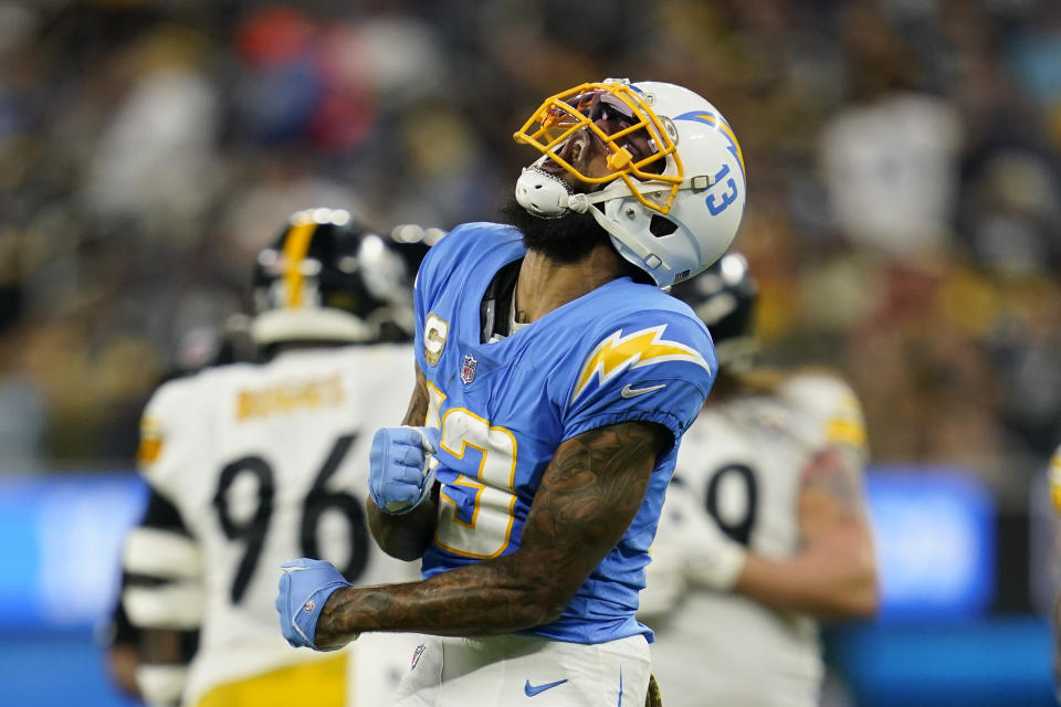 Los Angeles Chargers wide receiver Keenan Allen reacts after a reception during the second half of an NFL football game against the Pittsburgh Steelers, Sunday, Nov. 21, 2021, in Inglewood, Calif. (AP Photo/Ashley Landis)