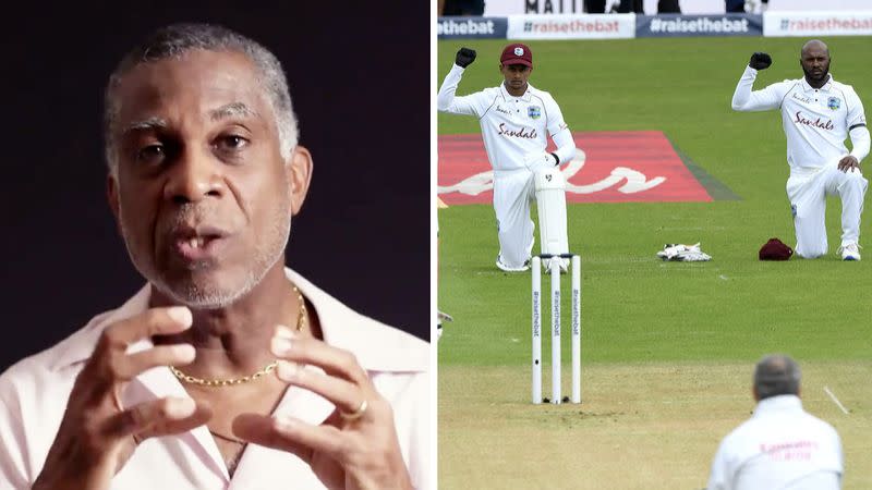 Seen here, Windies great Michael Holding and the current team taking a knee before the England Test.