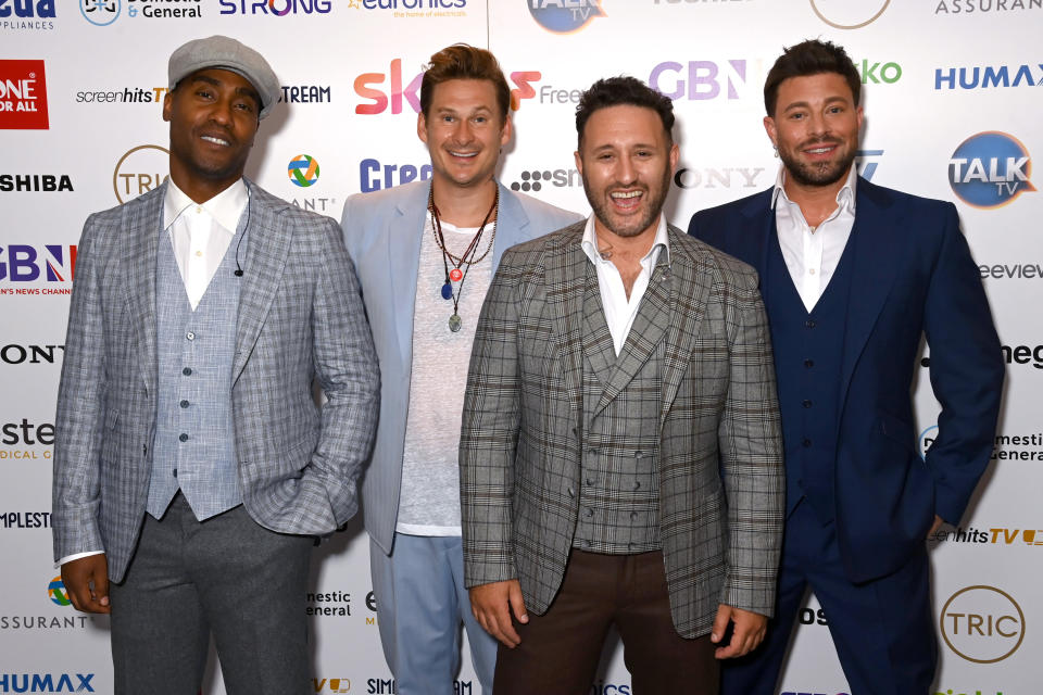 LONDON, ENGLAND - JULY 06: Antony Costa, Lee Ryan, Simon Webbe and Duncan James attend the TRIC Awards 2022 at Grosvenor House on July 06, 2022 in London, England. (Photo by Dave J Hogan/Getty Images)