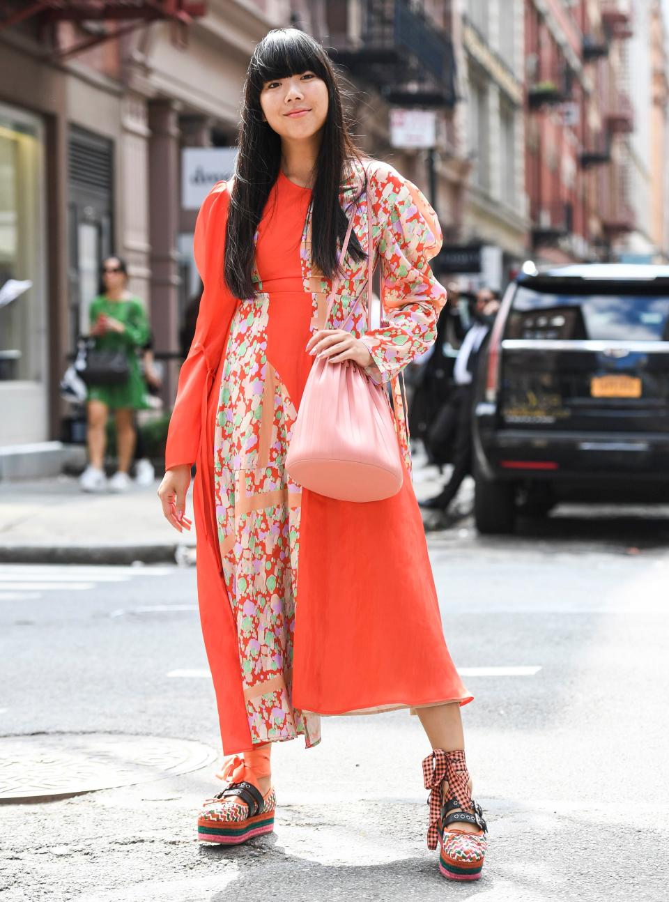 Puffed sleeves, bright colors, floral prints, flatform shoes—you really can have it all.