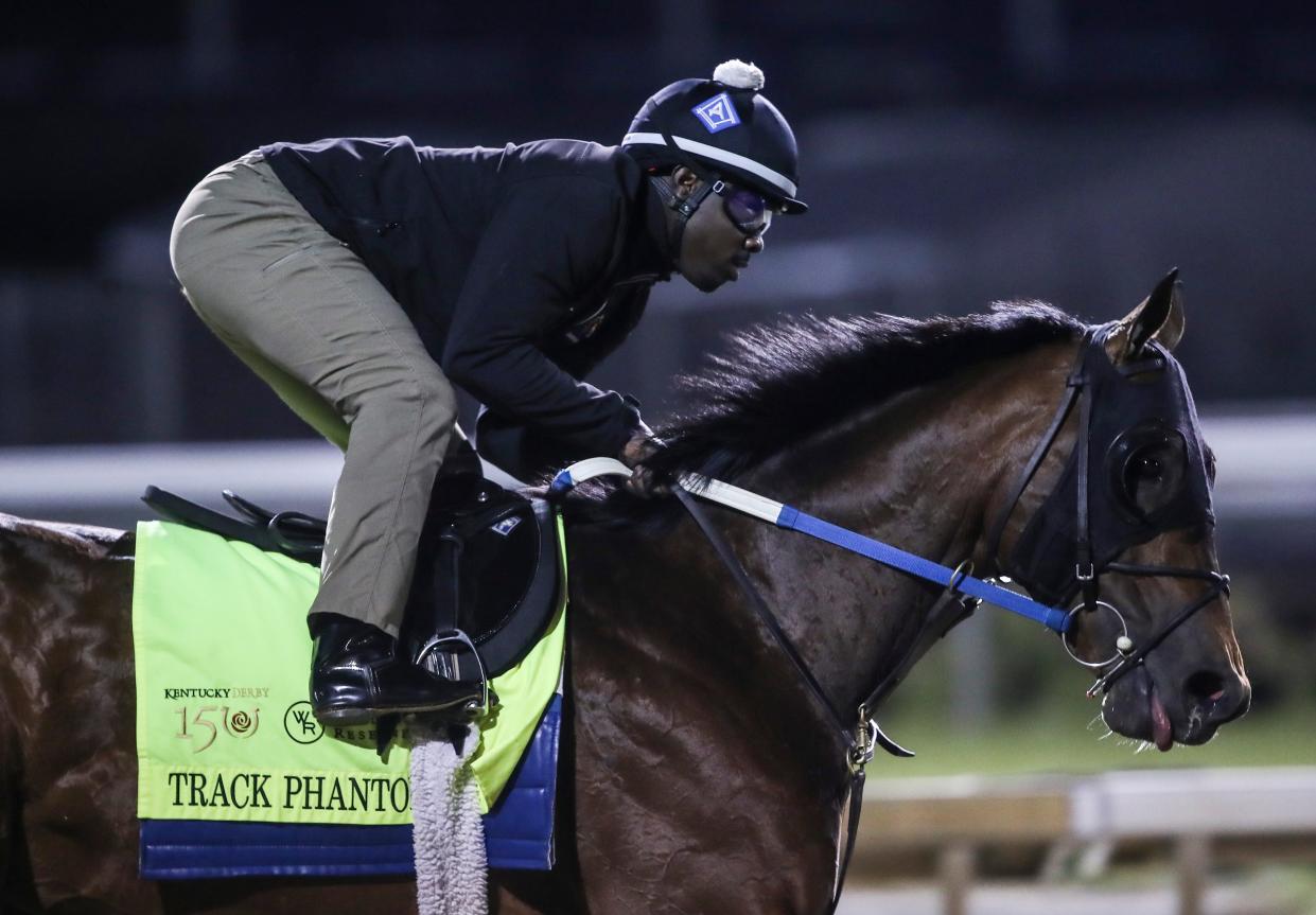 Kentucky Derby horse Track Phantom works out on April 25, 2024 at Churchill Downs in Louisville, Ky.