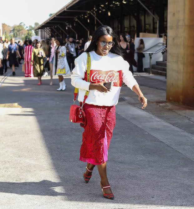 <p>On the street at Mercedes-Benz Fashion Week Australia. Photo: Lee Oliveira/Fashionista</p>