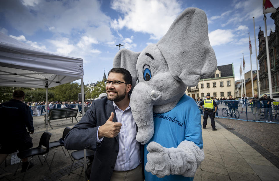 Sweden Democrats' party leader Jimmie Åkesson poses for a photo as he campaigns at Stortorget in Malmo, Sweden, Saturday, Sept. 10, 2022, the day before the election. Sweden is holding an election on Sunday to elect lawmakers to the 349-seat Riksdag as well as to local offices across the nation of 10 million people. (Johan Nilsson/TT News Agency via AP)