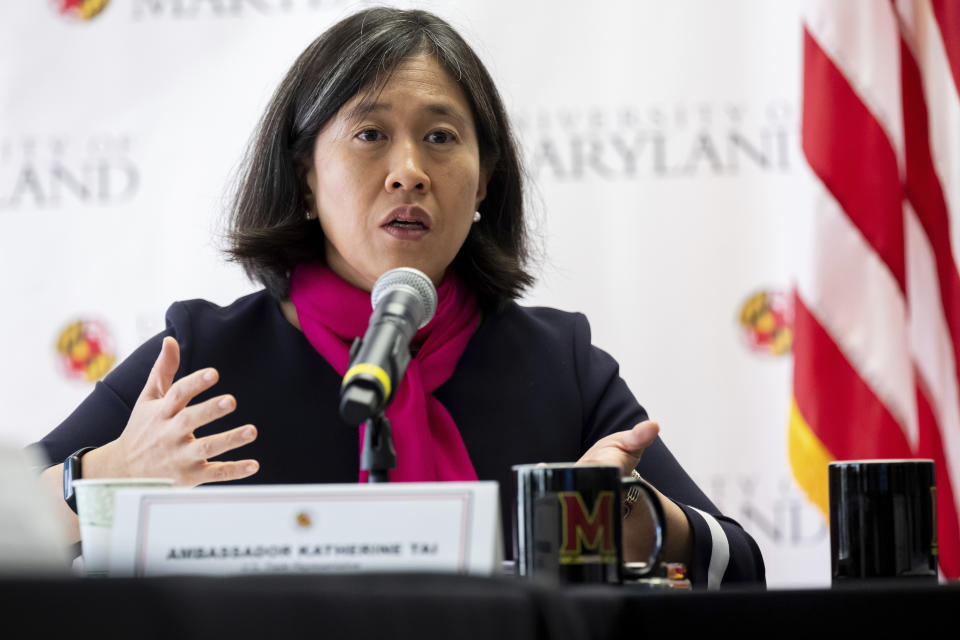 U.S. Trade Representative Katherine Tai speaks during a U.S.-EU Stakeholder Dialogue during the Trade and Technology Council (TTC) Ministerial Meeting, Monday, Dec. 5, 2022, in College Park, Md. (Saul Loeb/Pool Photo via AP)