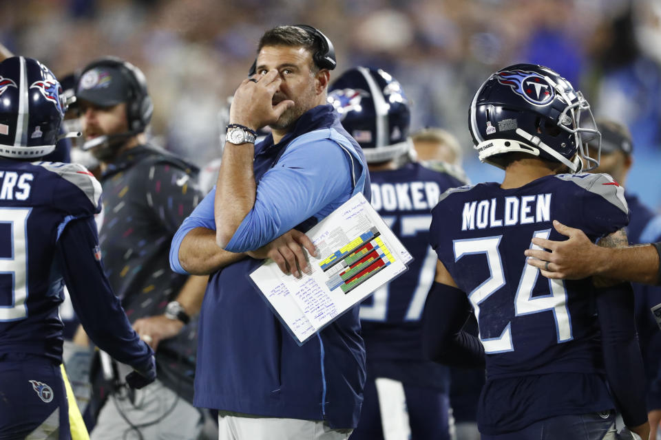 Tennessee Titans head coach Mike Vrabel watches from the sideline in the second half of an NFL football game against the Buffalo Bills Monday, Oct. 18, 2021, in Nashville, Tenn. (AP Photo/Wade Payne)