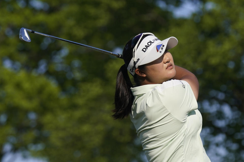 Hae Ran Ryu, of South Korea hits, watches her shot from the 17th tee during the first round of the LPGA Cognizant Founders Cup golf tournament Thursday, May 11, 2023, in Clifton, N.J. (AP Photo/Seth Wenig)