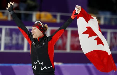 Speed Skating - Pyeongchang 2018 Winter Olympics - Men's 10000m competition finals - Gangneung Oval - Gangneung, South Korea - February 15, 2018 - Ted-Jan Bloemen of Canada celebrates after winning gold. REUTERS/Phil Noble