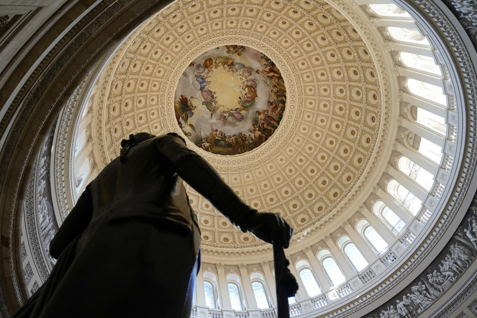 A statue of President George Washington stands in the U.S. Capitol Rotunda, Tuesday, March 2, 2021, in Washington. (AP Photo/Patrick Semansky)