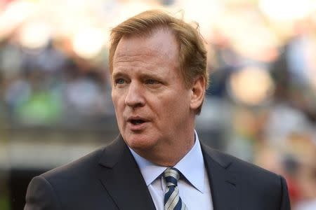 September 4, 2014; Seattle, WA, USA; NFL commissioner Roger Goodell walks the sidelines before the game between the Seattle Seahawks and the Green Bay Packers at CenturyLink Field. Mandatory Credit: Kyle Terada-USA TODAY Sports