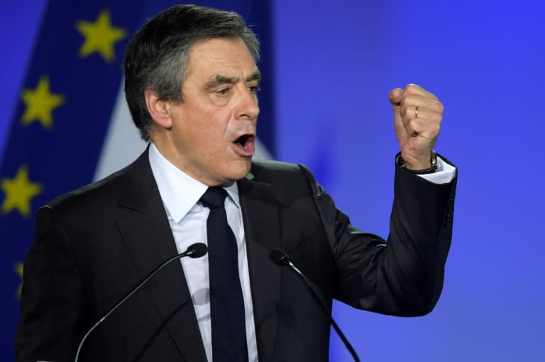 French right wing candidate for the upcoming presidential election Francois Fillon delivers a speech during a campaign rally on January 29, 2017 in Paris