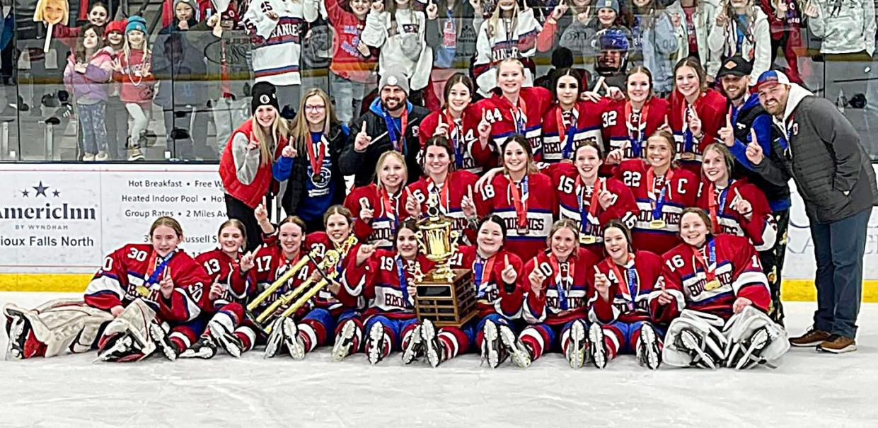 The Brookings Rangers won the 2023 South Dakota Amateur Hockey Association's varsity girls state championship with a 2-0 win over the Aberdeen Cougars on Sunday, March 5, 2023 in Sioux Falls.