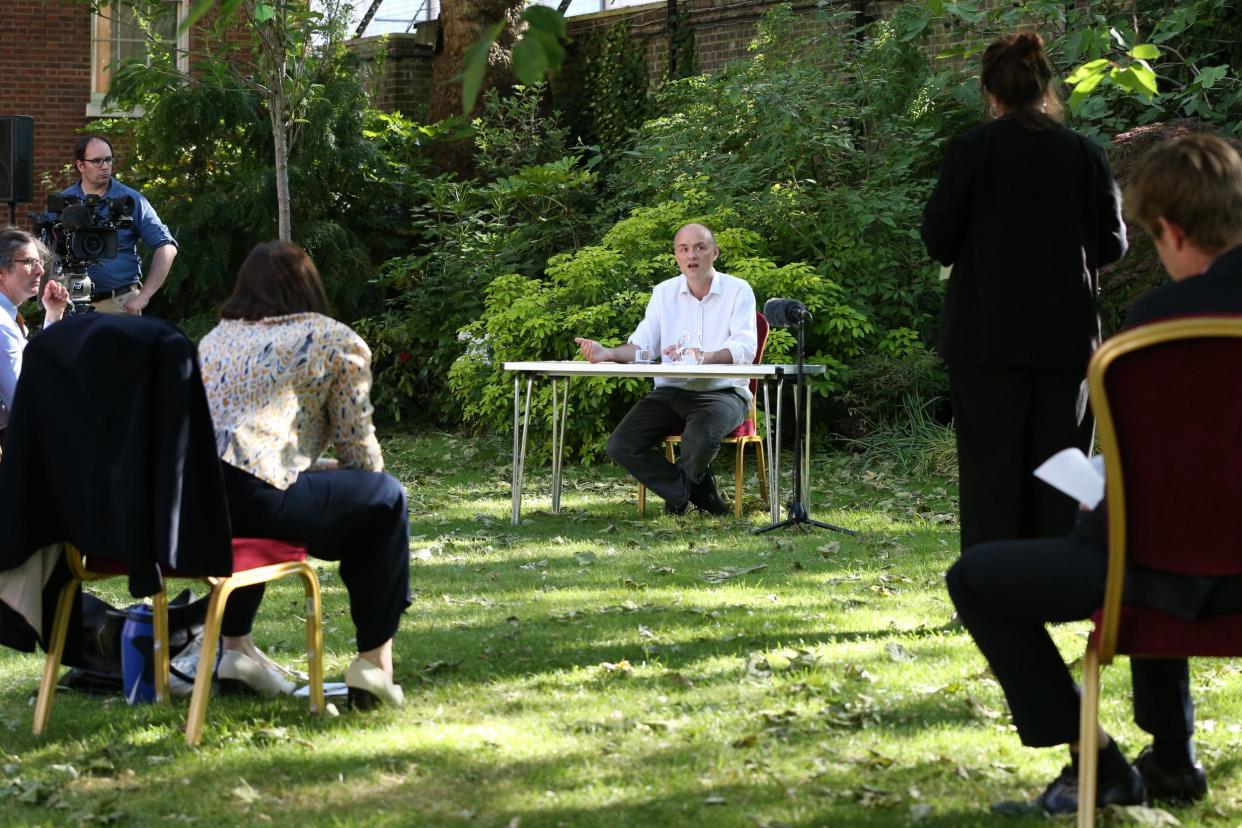 Special adviser Dominic Cummings addresses journalists at a socially distant press conference in the Rose Garden at No 10 following the revelations that he had broken lockdown rules by travelling to Durham: Getty