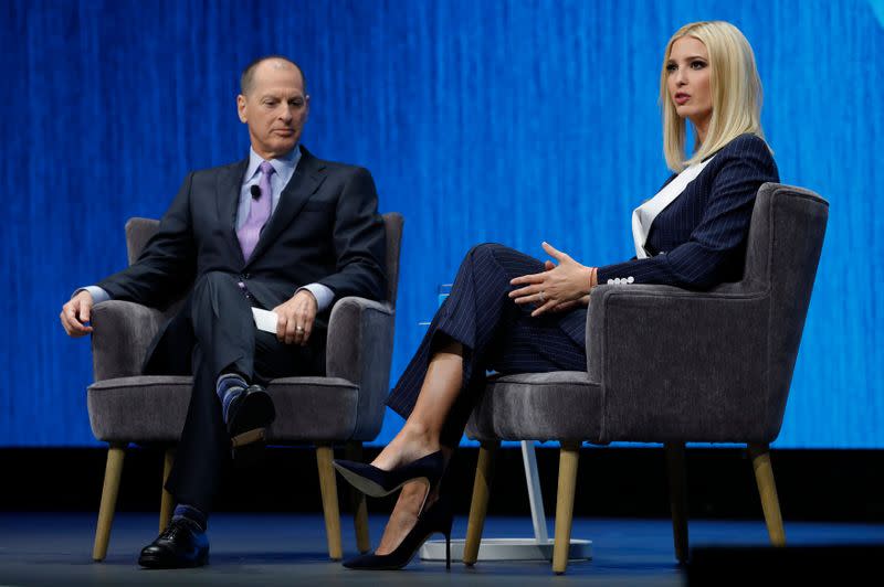 Ivanka Trump, daughter of President Donald Trump, speaks with Gary Shapiro, president and CEO of the Consumer Technology Association, in a keynote address during the 2020 CES in Las Vegas