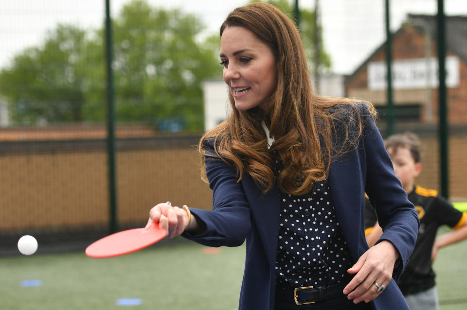 The Duchess of Cambridge playing table tennis during a visit to The Way Youth Zone in Wolverhampton, West Midlands. Picture date: Thursday May 13, 2021.